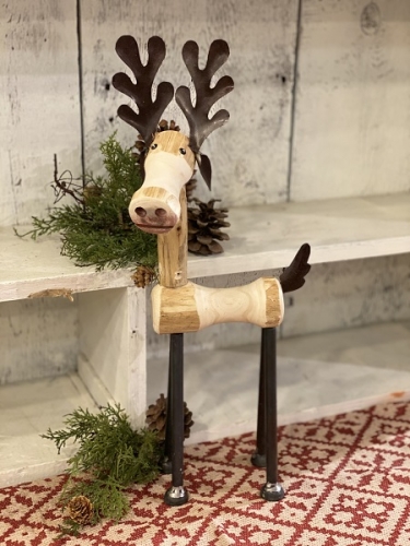 WOODEN MOOSE WITH METAL ANTLERS AND LEGS